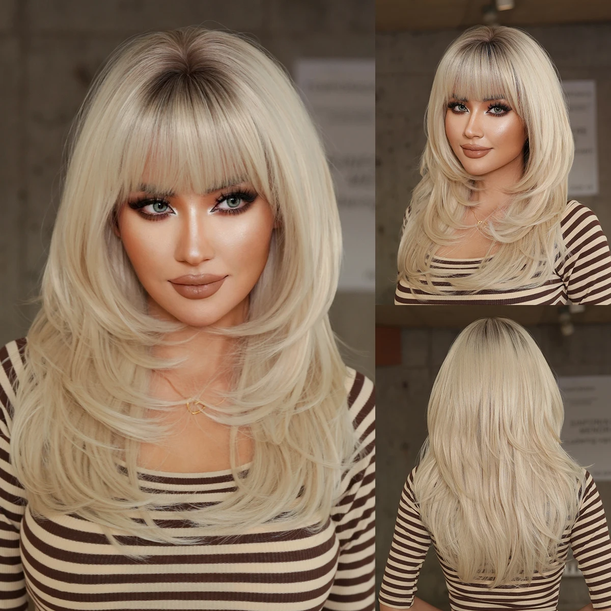 NAMM Long Wavy Blonde Wig With Neat Bangs for Women Dark Roots Heat Resistant Fiber Wig, Natural Synthetic Full Machine Hair Wig