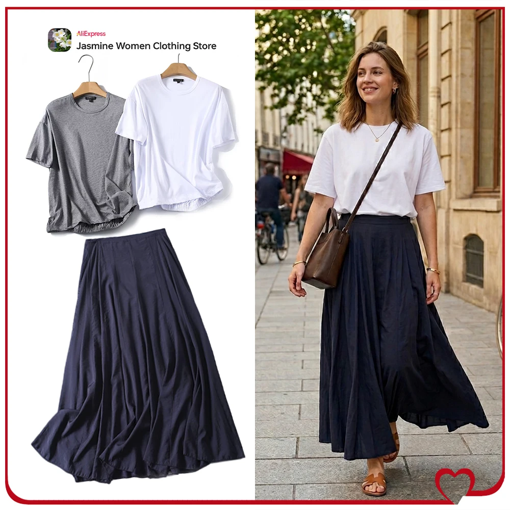 

Casual Women Skirt Sets Summer New Matching Sets Classic O-Neck Short Sleeves Cotton T-shirt + French Style Relaxtion Midi Skirt