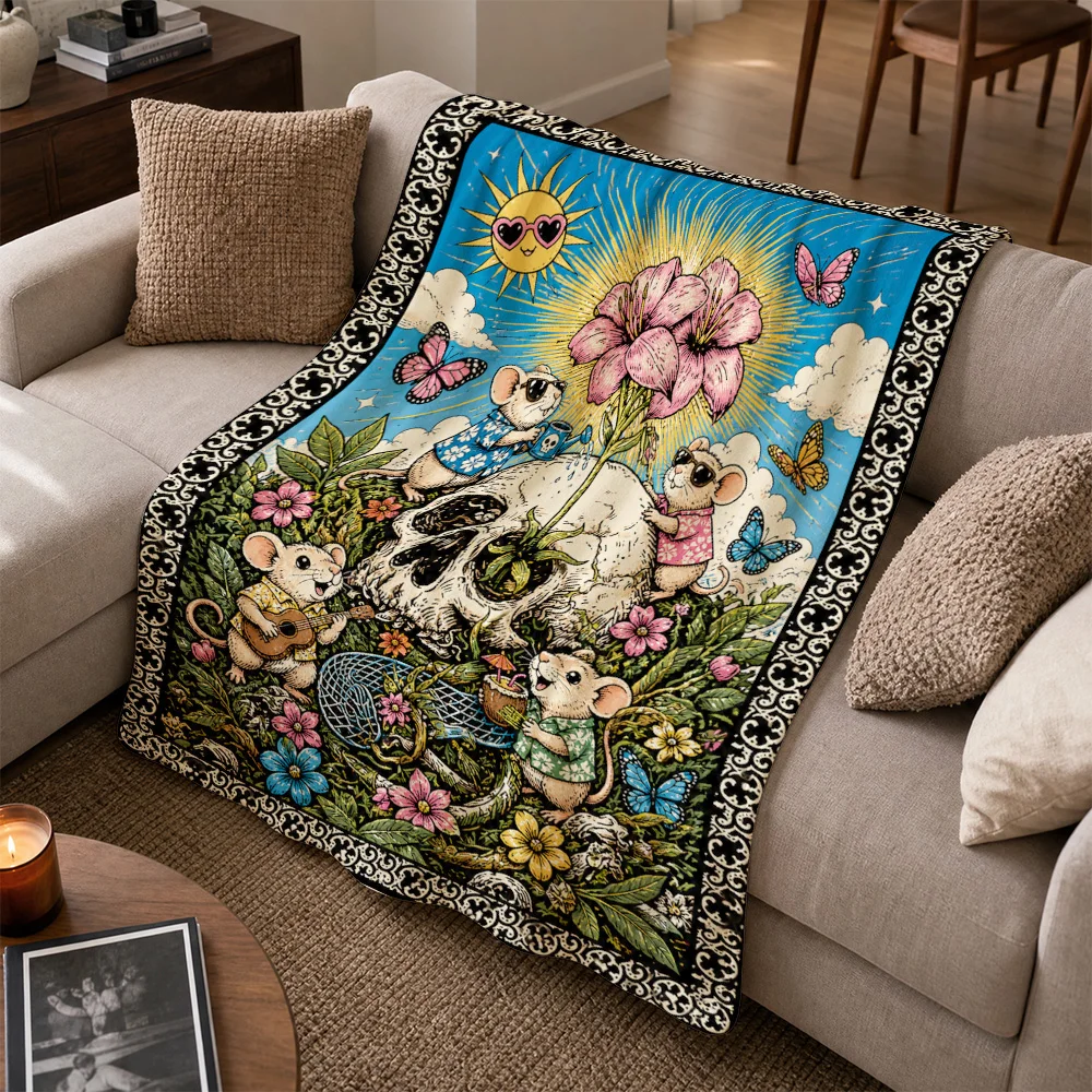 Whimsical Cottagecore Throw Blanket Sofa Tapestry Skull Animals Floral Nature Art Cushion Cover Bohemian Boho Living Room Decor