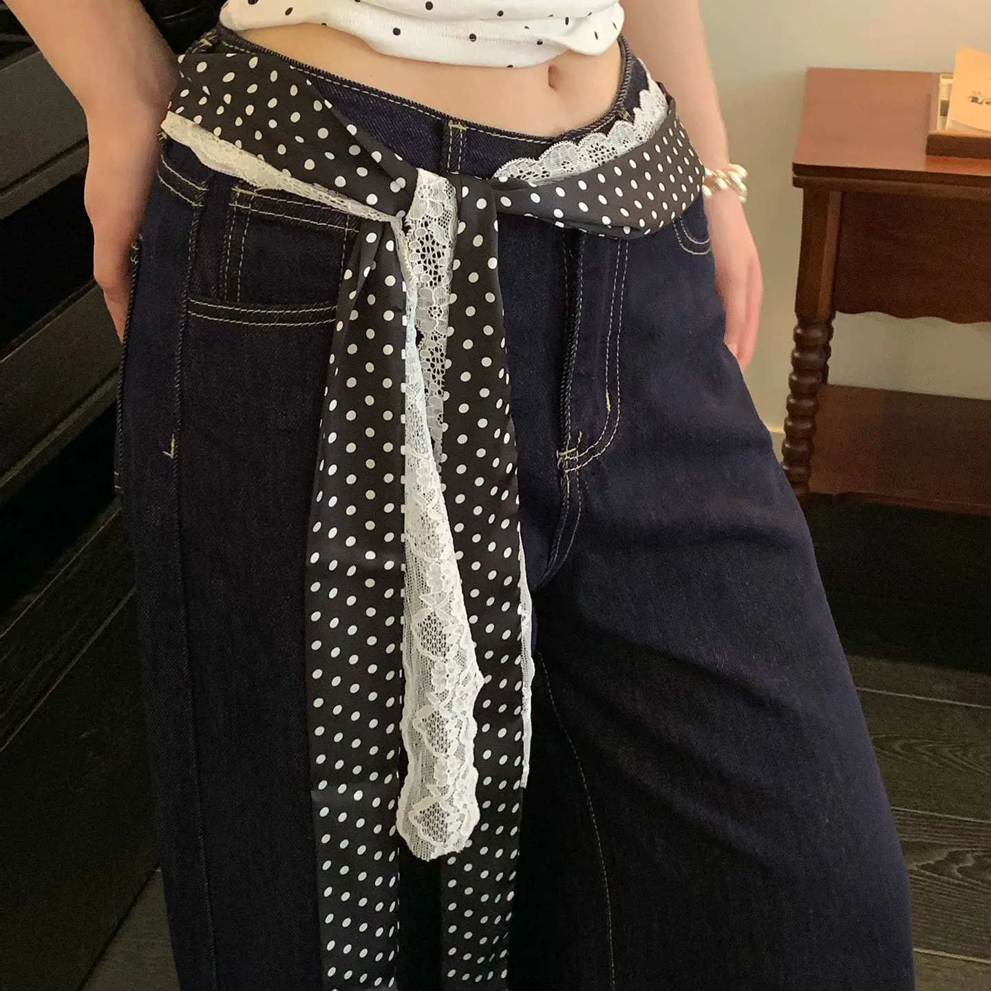 1PC Retro Polka Dot Silk Scarf Waist Belt Lace Waist Sash Women Stack Decor Accessory Match Jeans Skirts Daily Fashion Waistband