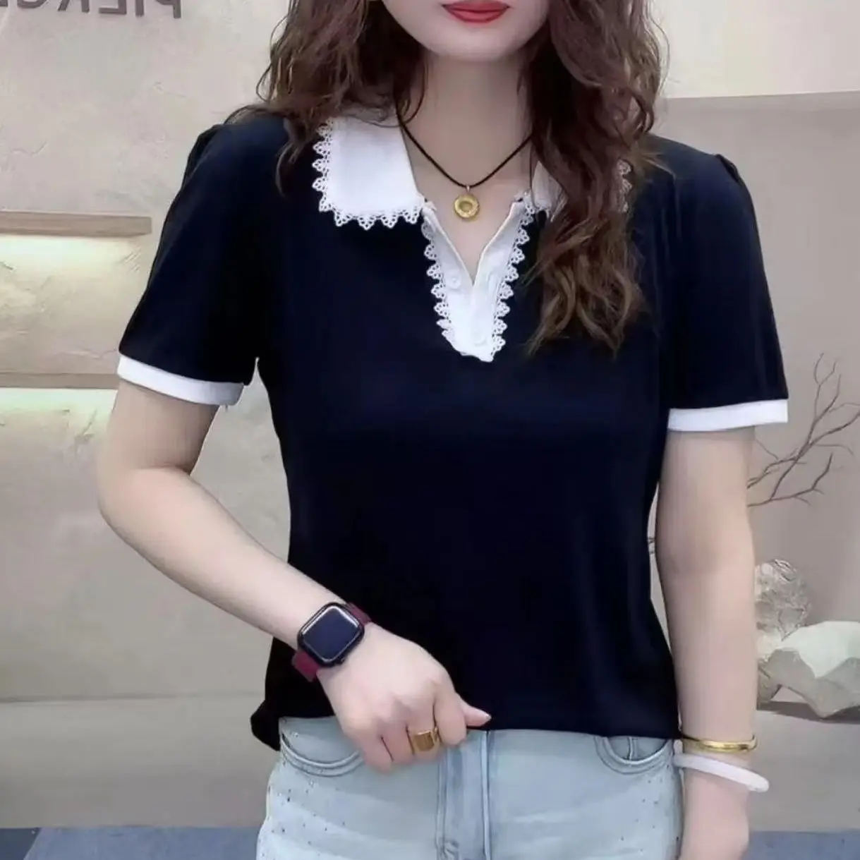 

Summer Lace 2025 Design T-shirt Patchwork Short Sleeved Lapel Fashionable Striped Top For Women