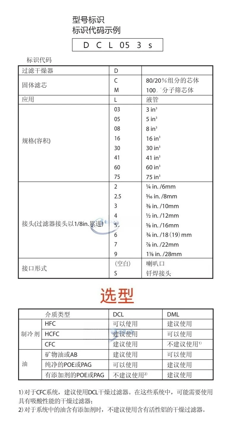 Liquid tube drying filter DCL303/304/305