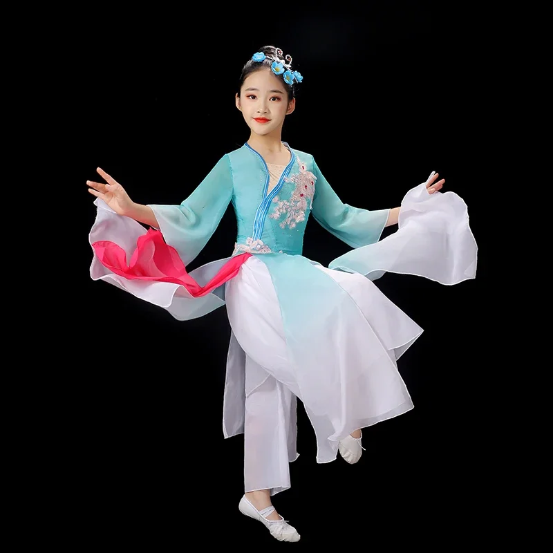 الأطفال Hanfu الرقص الكلاسيكي يانغكو مرحلة الرقص ازياء الفتيات الحديثة يانغكو الأداء الوطني زي هاندو مروحة Dancewear