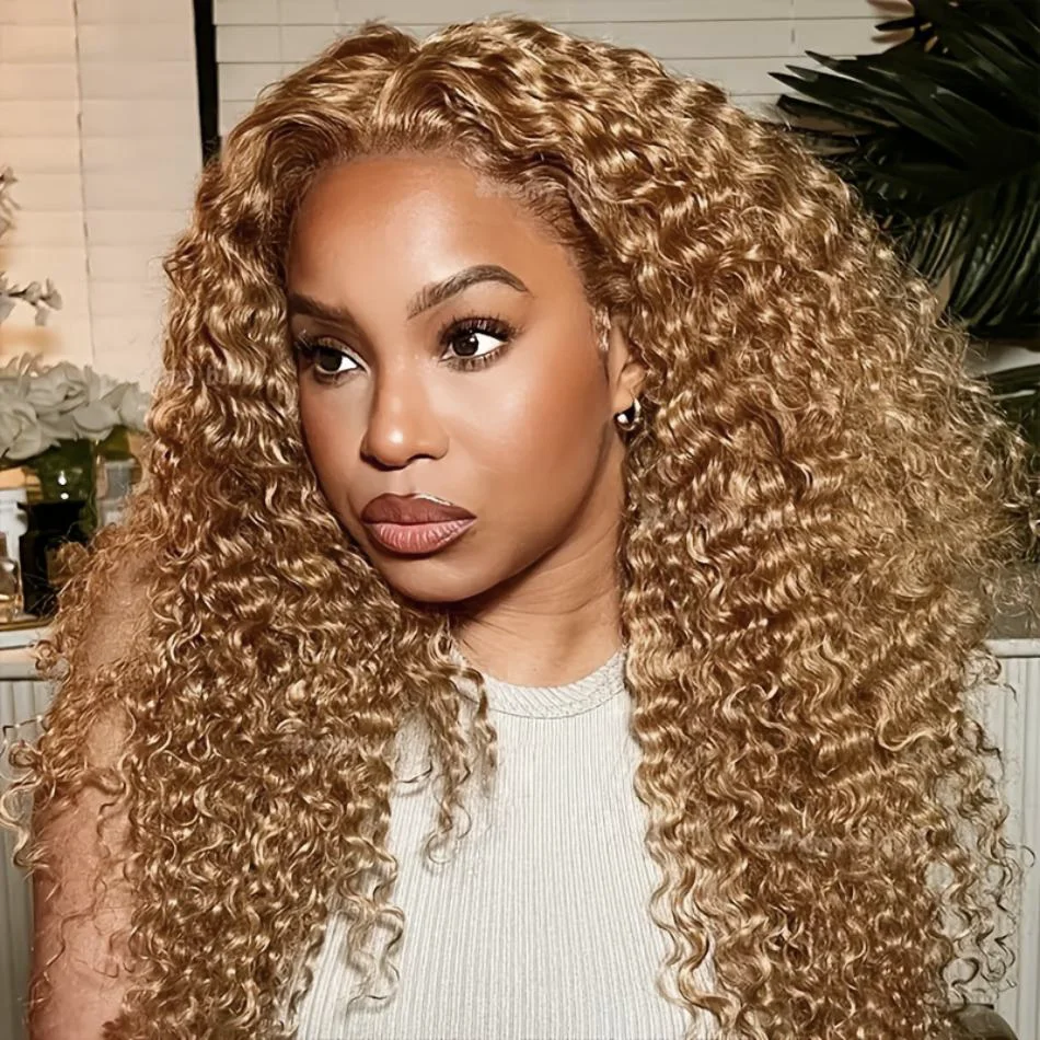 #27 Honey Blonde Curly 100% Human Hair Wig 13X6 Deep Wave Frontal Wig 30 36 Inch 13X4 Hd Transparent Lace Front Colored Wigs