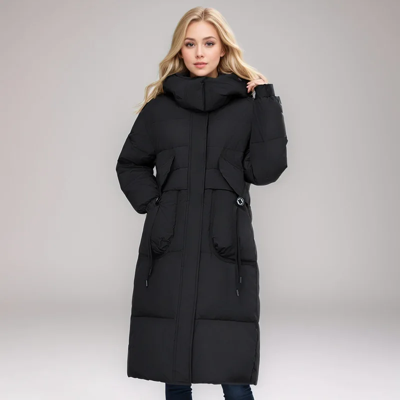 เสื้อโค้ทกันหนาวผู้หญิงขายดีสีล้วนเชือกรูดคอตั้งมีฮู้ดเสื้อแจ็คเก็ตผู้หญิงยาวเสื้อโค้ทเรียบง่ายสำหรับผู้หญิง