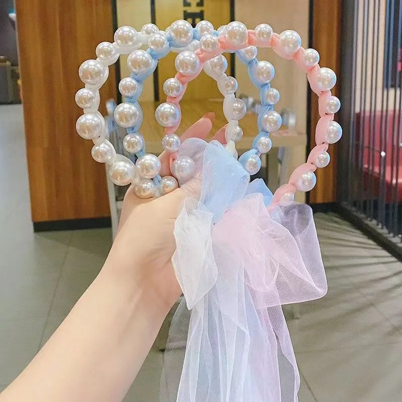 Children\'s Pearl Ribbon Hair Hoop Cute Girl Mesh Headband Sweet Bow Decoration Hair Accessory Party Performance Gifts