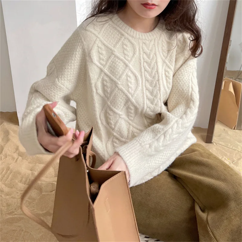 Japan South Korea Station Autumn Winter New Sweet And Gentle Style Round Neck Slim Long Sleeve Pullover Knitted Sweater