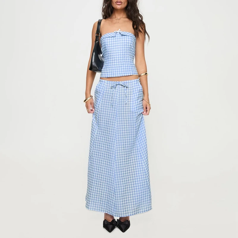 Women Vintage Y2K Aesthetic Matching Suit Bowknot Strapless Tube Crop Tops + Maxi A-line Skirt Cottage Plaid 2 Piece Set Outfits