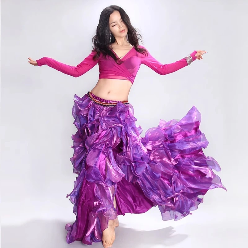 customized belly dance performance costume mesh long sleeved top with slits long skirt training suit set exotic dancewear sexy