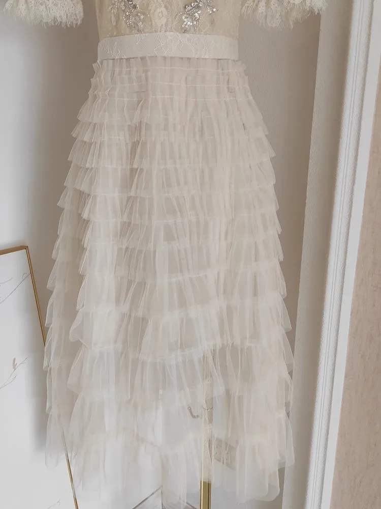 Damasco elegante vestido em camadas feminino miçangas rendas retalhos streetwear vestidos o pescoço pista design roupas de festa de férias senhora