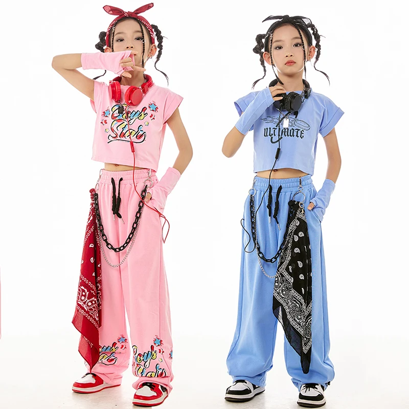 Kpop Girls Jazz Dance Clothes Summer Crop Tops Loose Pants Kids JHip Hop Practice Clothing Modern Dance Performance Suit BL12740