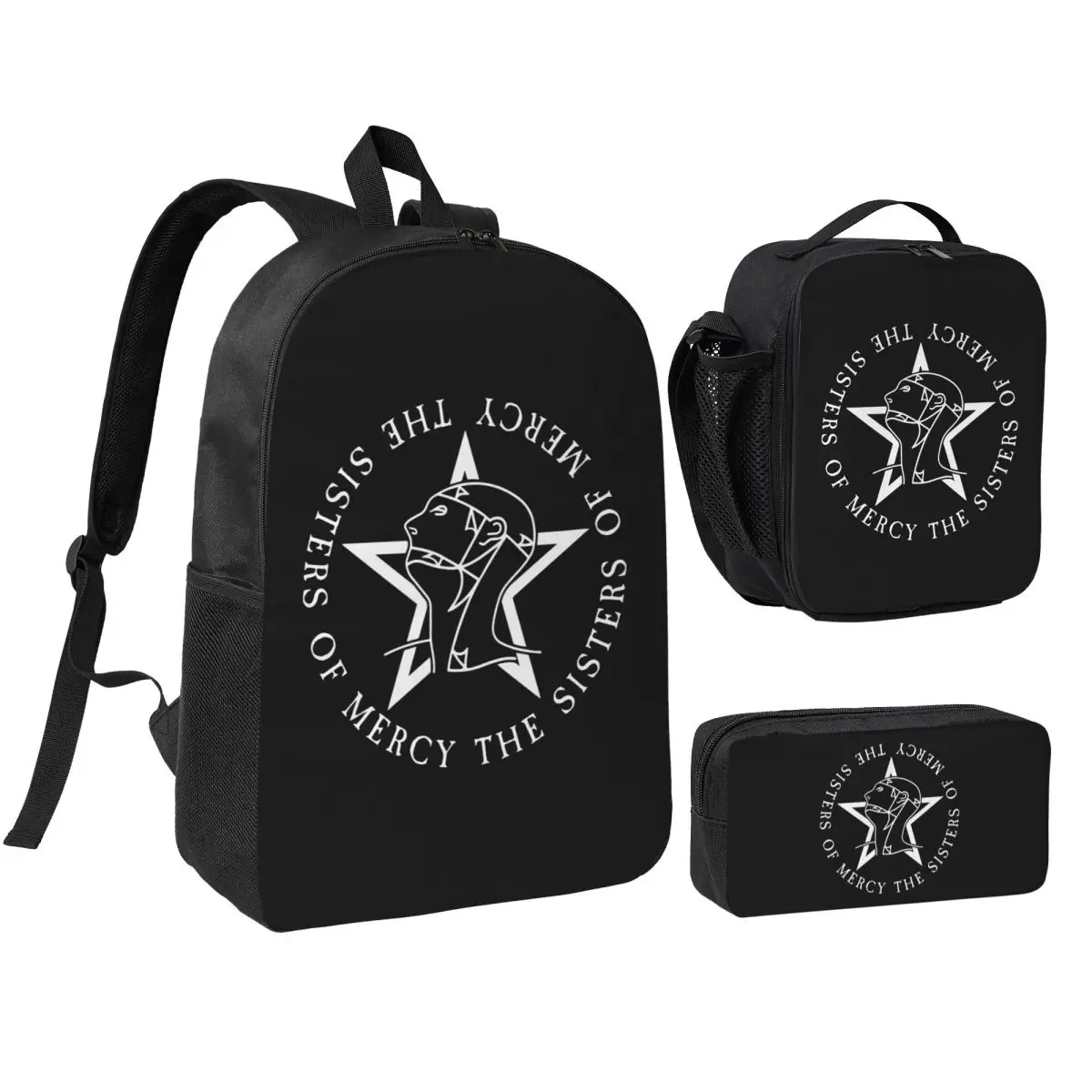 Round Text Logo Goth The Sisters Of Mercy Backpack BookBag School Bag Computer Shoulder Bags 3ps Insulated Lunch Bag Pencil Case