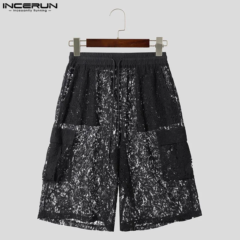 Мужские кружевные шорты, повседневные штаны INCERUN, свободные летние шорты, брюки, уличная одежда, модные мужские прозрачные шорты, мужская одежда