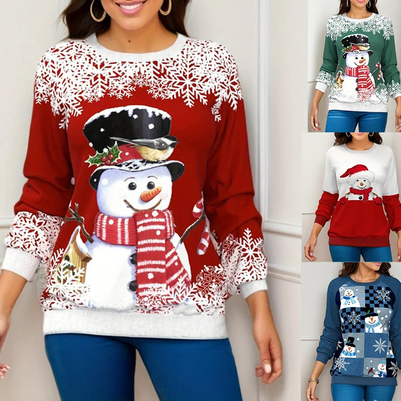 

2024 Christmas Sweatshirt Snowman 3D Printed Sweatshirt Women Long Sleeve Y2k Christmas Top Streetwear Pullover Women Clothing