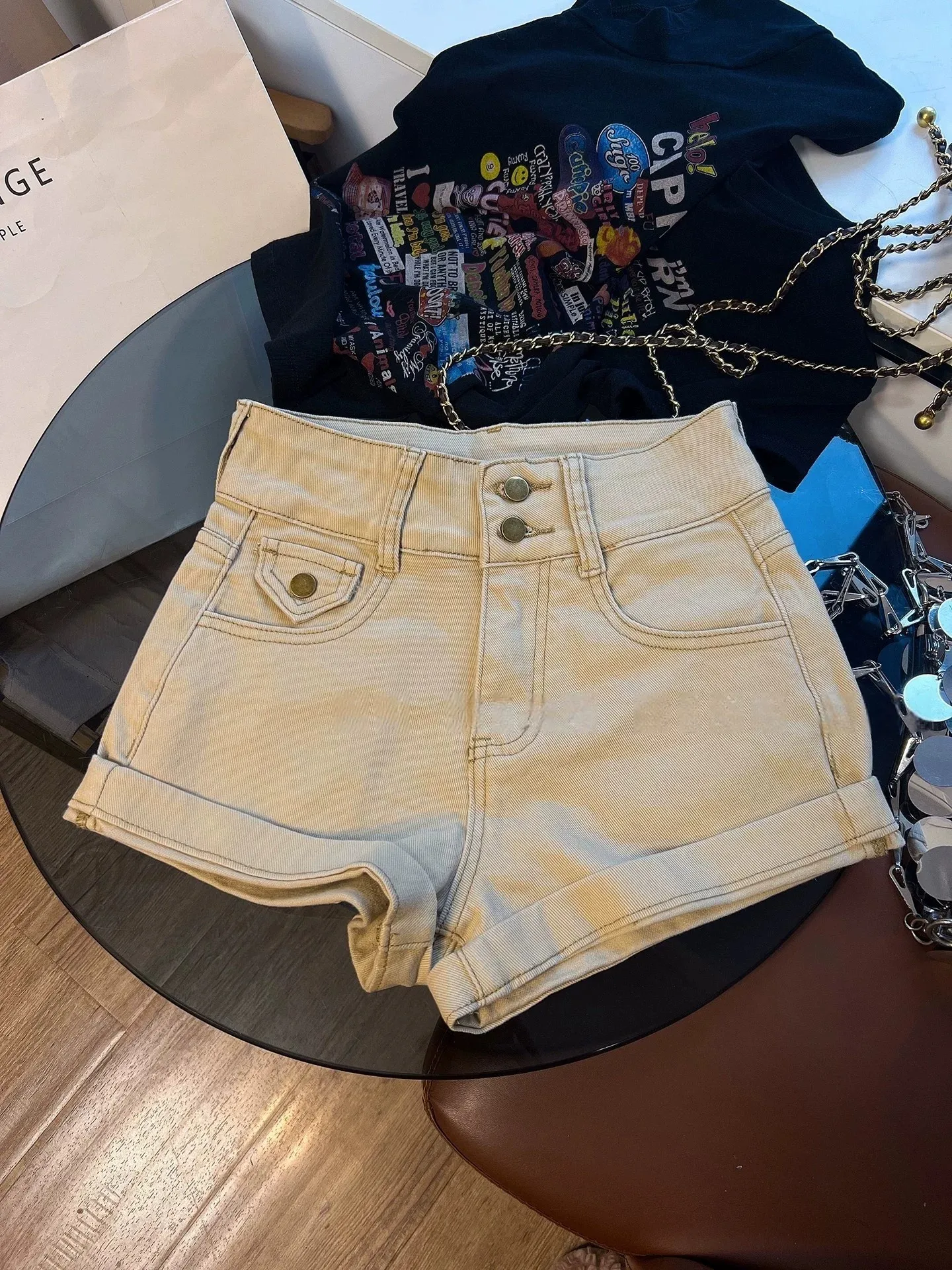 Khaki High Waist Cuffed Denim Shorts Women's Summer New Style Sexy Girl Butt Lifting Slimming Hot Pants Vintage Washed Tight Fit