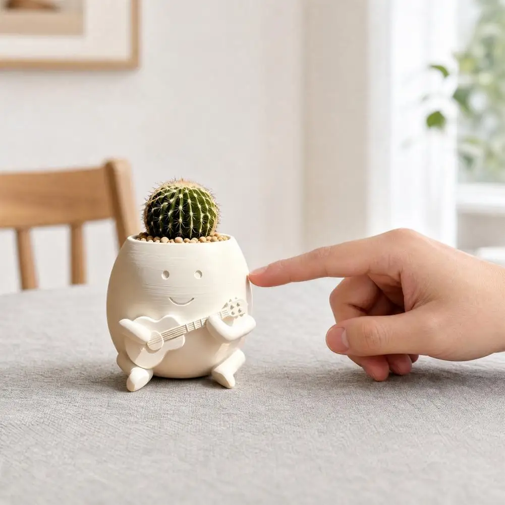 Cute Guitar Planter Guitarist Big Head Planter Flower Pot Cute Smiling Face Holder Fun Guitar Player Desk Shelf for Cacti for S