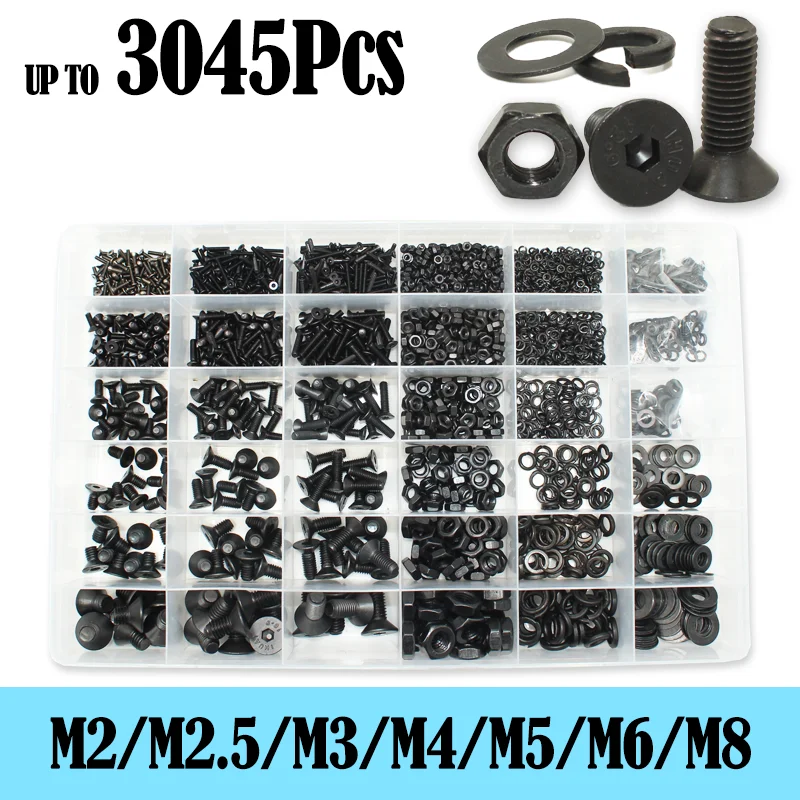 

3045/set M2 M2.5 M3 M4 M5 M6 M8 Carbon Steel Hex Hexagon Flat Head Countersunk Socket Cap Bolts Screws Nut Washer Assortment Kit