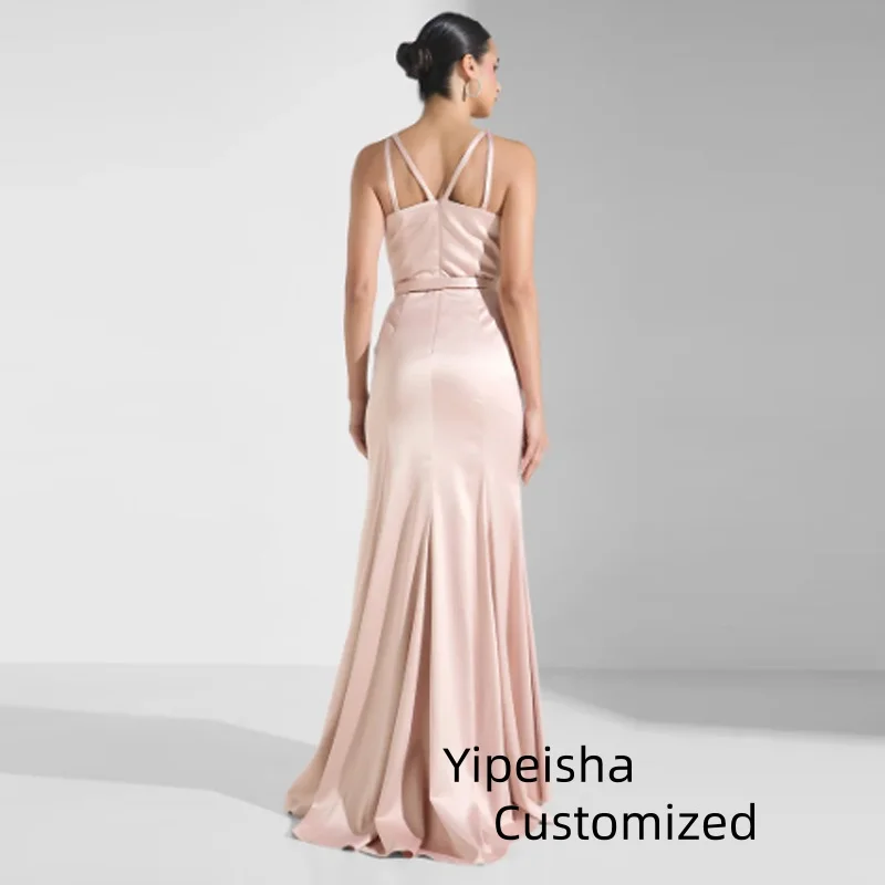 Customized Sweet Pink Boat Neck straps  Mermaid Evening Dress Satin  Beaded Embroidered Neck Pleated  Formal Prom Gowns Vestido