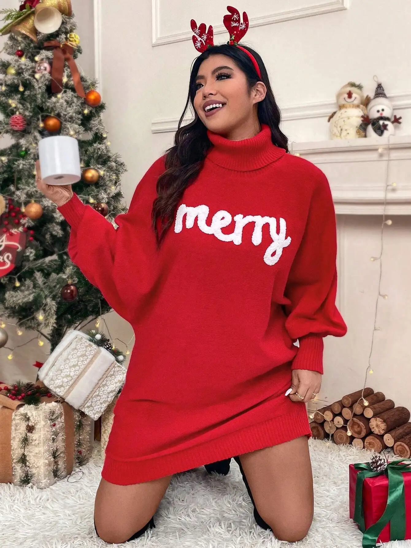 

Red Merry Christmas Sweater Dress Turtleneck Loose Fit Holiday Outfit