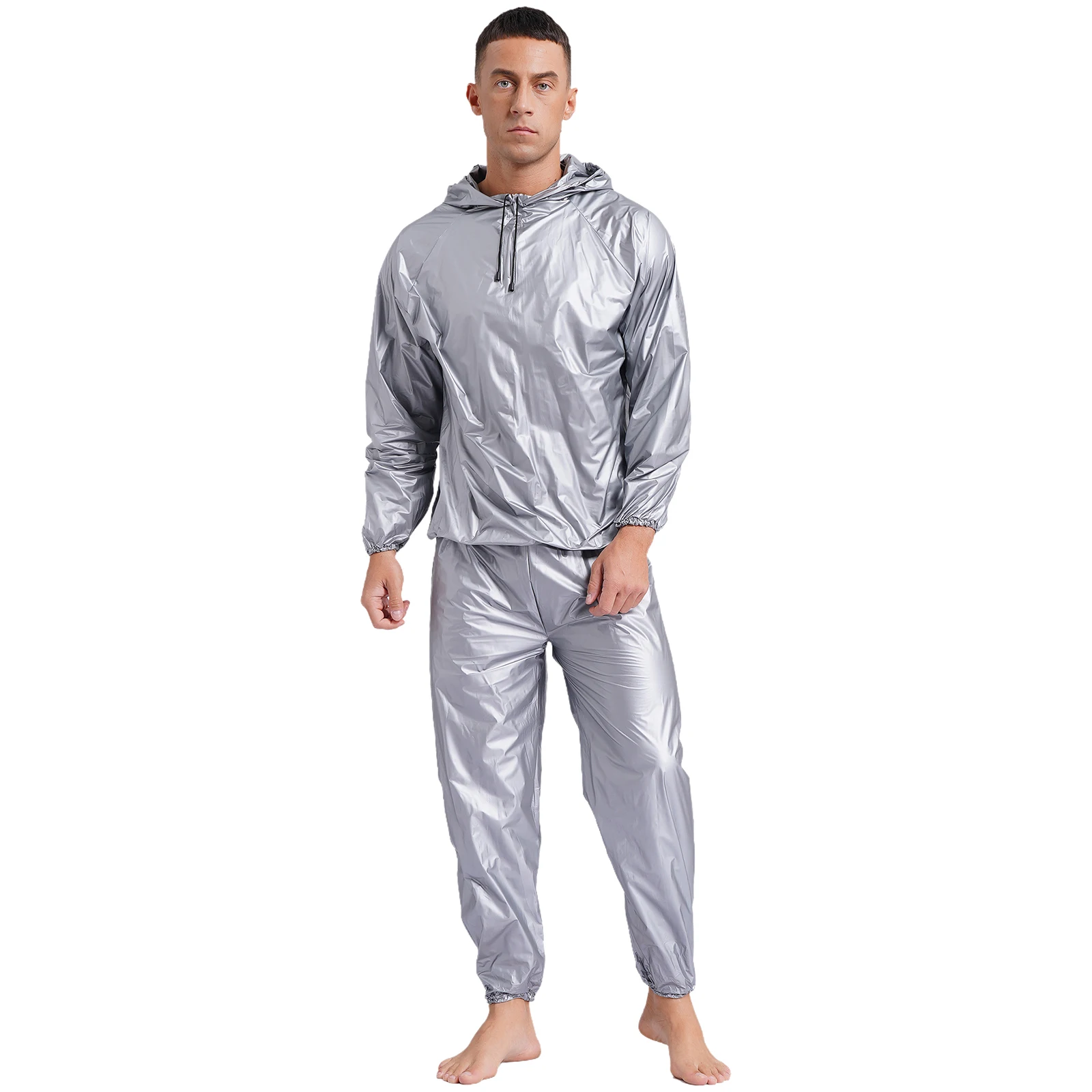 Mens Sauna Sweat Outfit Long Sleeve Hooded Jacket Outerwear and Elastic Waist Long Pants PVC Sweating Suit for Gym Workout