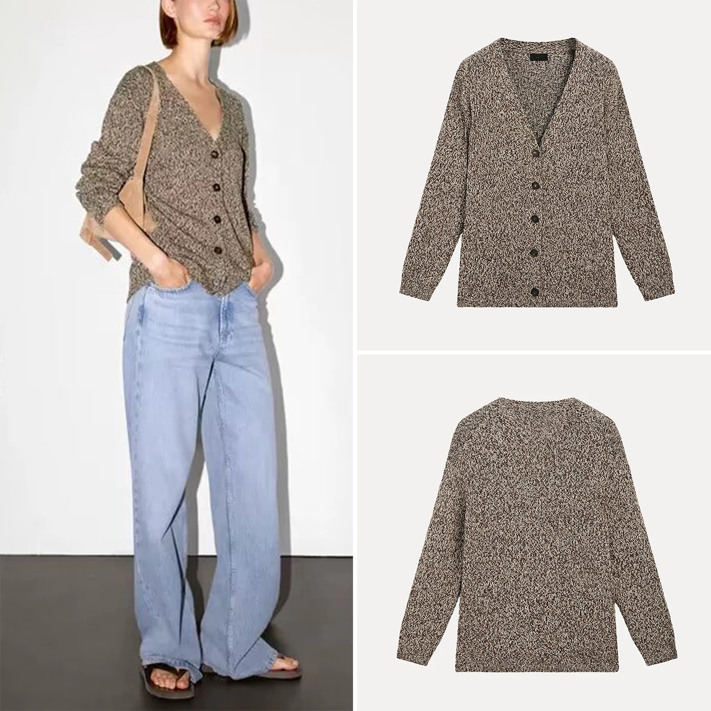 

Z 2025 Autumn New Women's Sle Sweater Double Color Medium Length Open Cardigan Polyester Fiber Long Sve V-Ne Button