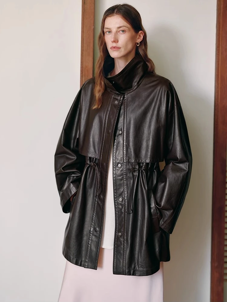 ความยาวกลางของแท้หนัง Windbreaker แจ็คเก็ตผู้หญิงฤดูใบไม้ผลิฤดูใบไม้ร่วง High-end Simple STAND COLLAR นุ่ม Real Sheepskin Coat