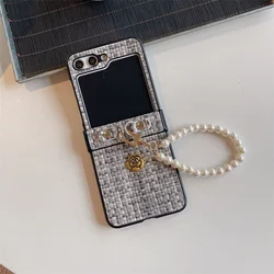 Phone Case For Samsung Galaxy Z Flip 6 5 4 3 Flip6 Flip5 Flip4 Flip3 5G Luxury Woven Texture PU Leather Cover with Wrist Strap