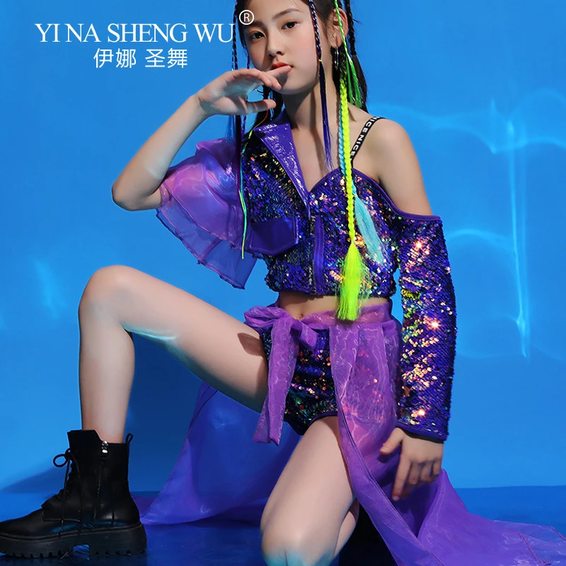 أزياء الفتيات المشي تظهر ملابس الأطفال الجاز الرقص أداء دعوى الهيب هوب الرقص الحديث الزي الأرجواني الترتر بلوزات وسراويل