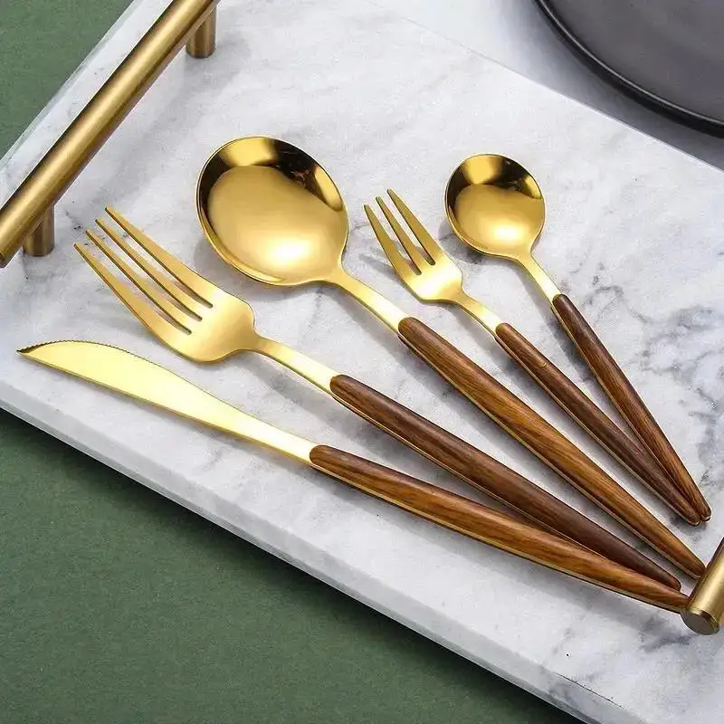 New 5Pcs/Set Gold Cutlery Set Wooden Handle Stainless Steel Knife Fork Spoon Candlelight Dinner Knife Fork Spoon Tableware