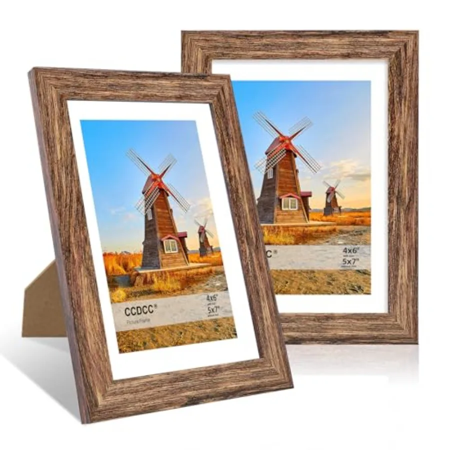 

5x7 Picture Frame Set of 2, 5 x 7 Wood Photo Frames with Mat for 4x6, Natural Wooden Frame with Real Glass Cover for Wall and T