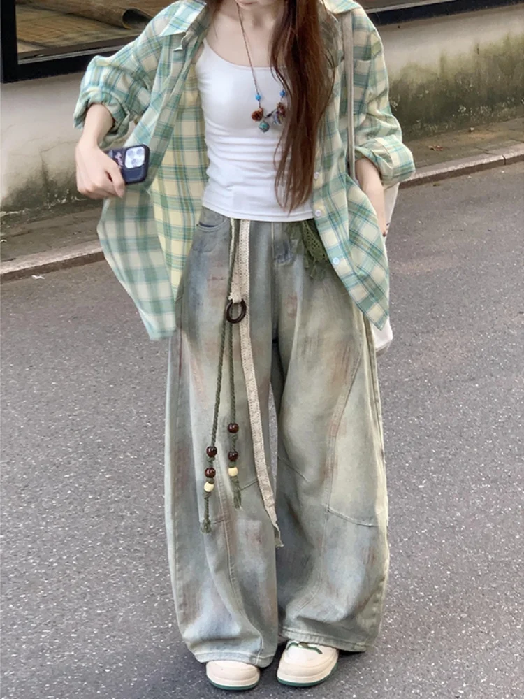 

Джинсы свободного кроя с высокой талией в американском стиле ретро, женские осенние джинсовые брюки больших размеров, повседневная одежда, удобные широкие брюки