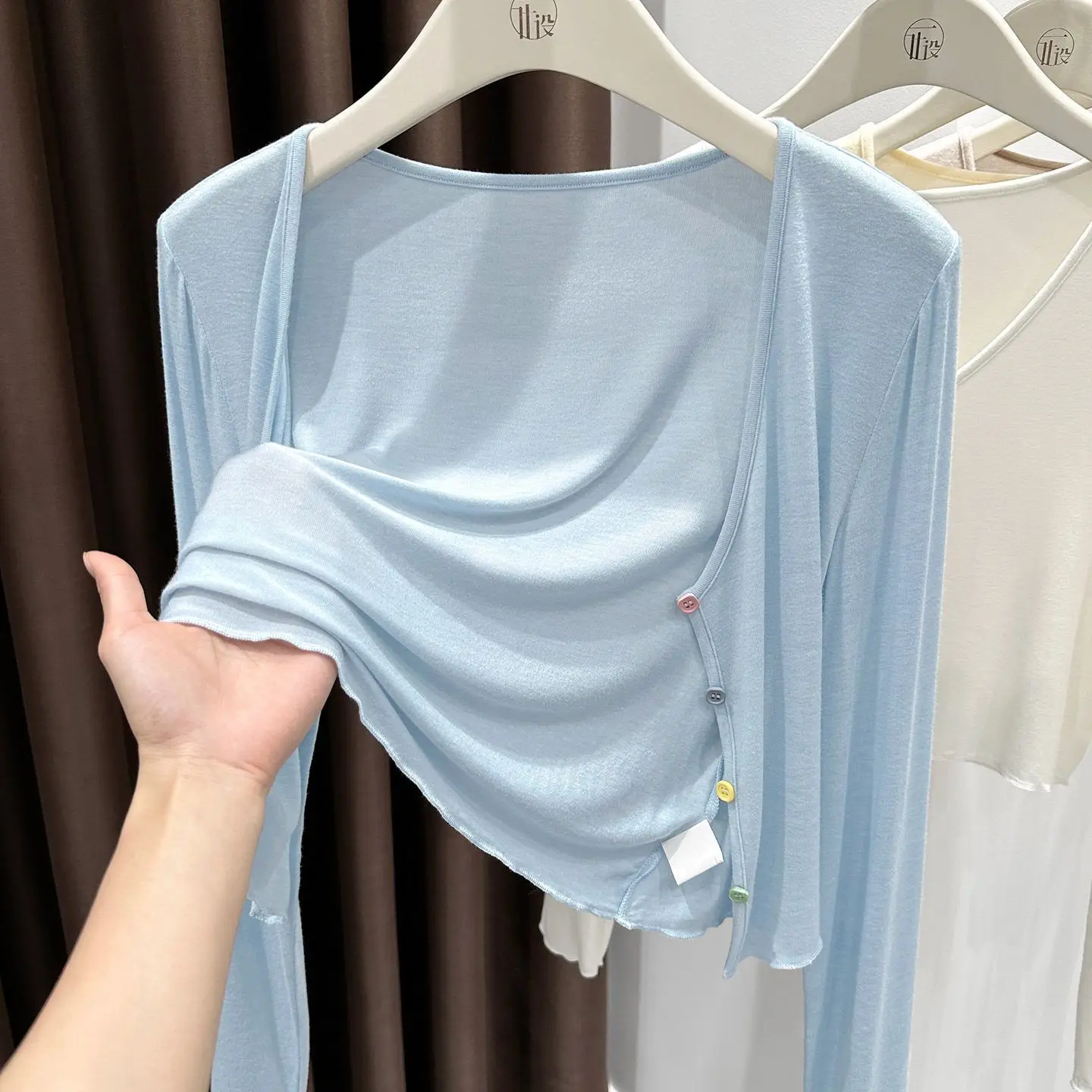 Women's Summer 2026 Soft Elastic Skin-Cooling Sunscreen Open Cardigan Beachwear with Strap Shawl Top Short Sleeve round Neck