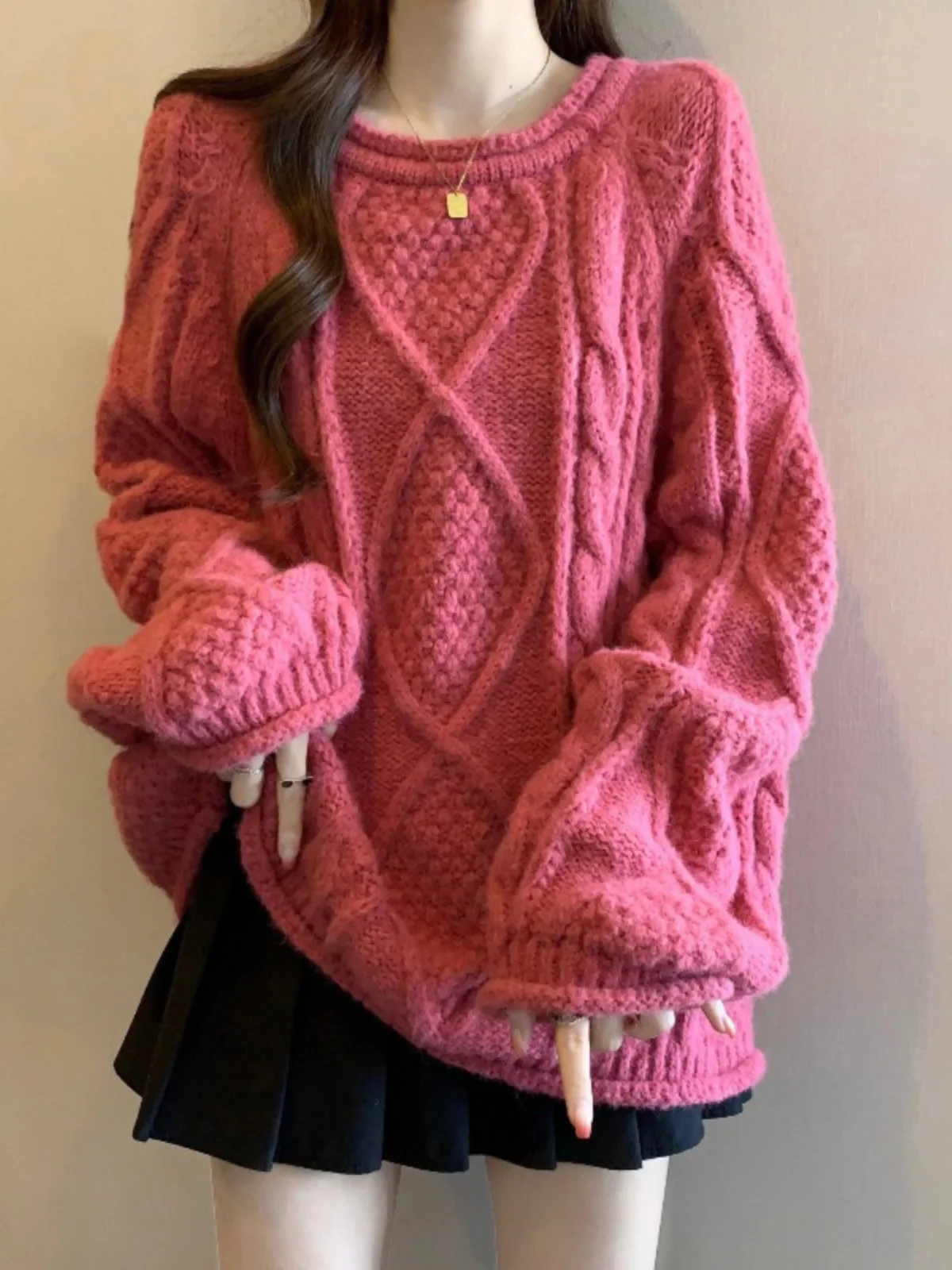 Ladies Mid-Length Sweater Pastel Pink Knitted Woolen Coat Shoulder-Length Casual Style Winter Fashion plus Size Women's Top
