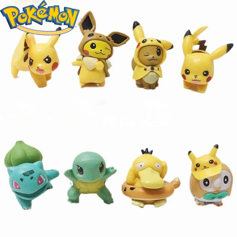 8pcs Pokemon Pikachu Eevee Bulbasaur Squirtle Psyduck Rowlet Anime Figure PVC Doll Model Ornament Children Toy Birthday Gifts