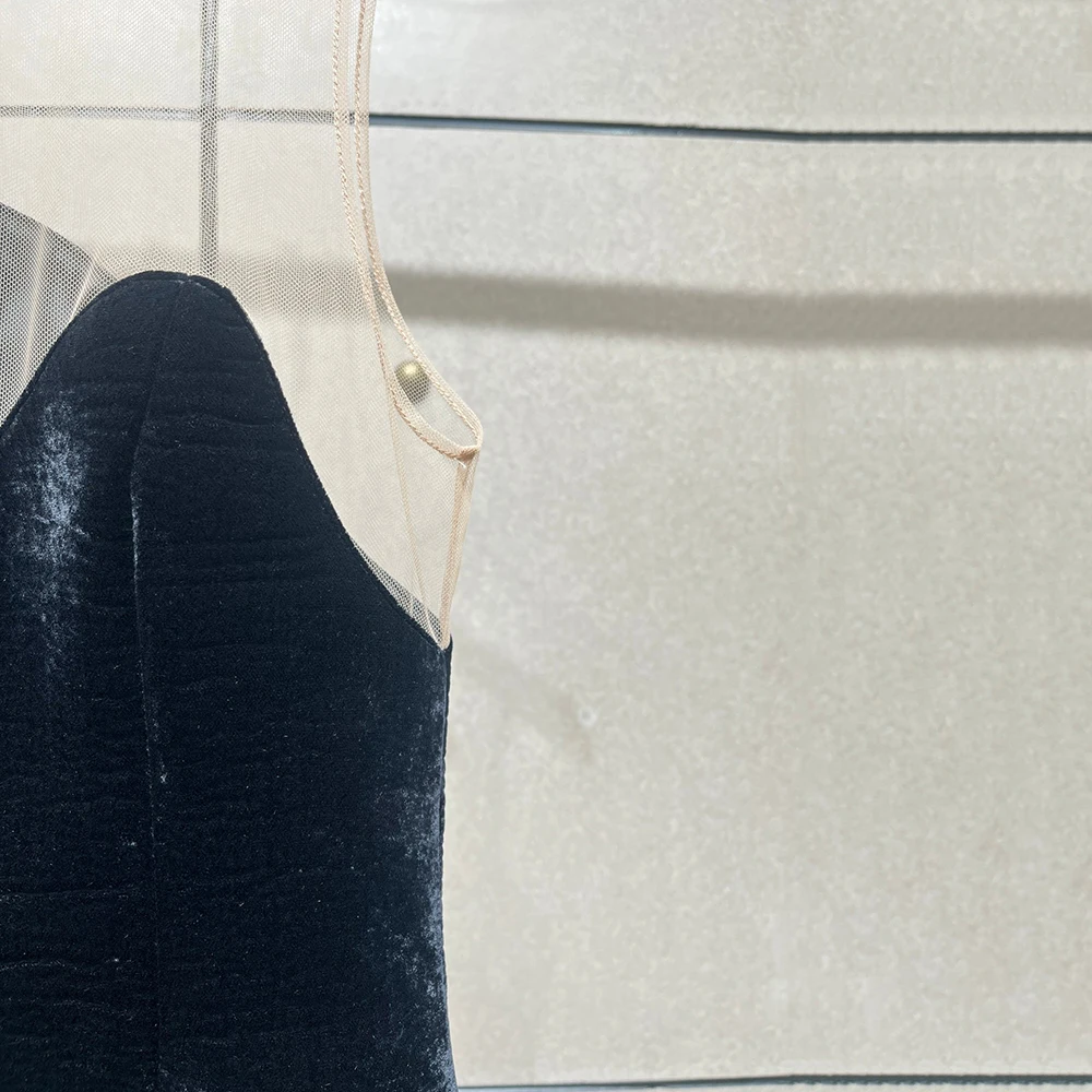 메쉬 벨벳 패치워크 여성 드레스 Y2K 섹시한 시스루 우아함 라운드 넥 민소매 드레스 2025 가을/겨울 신상품