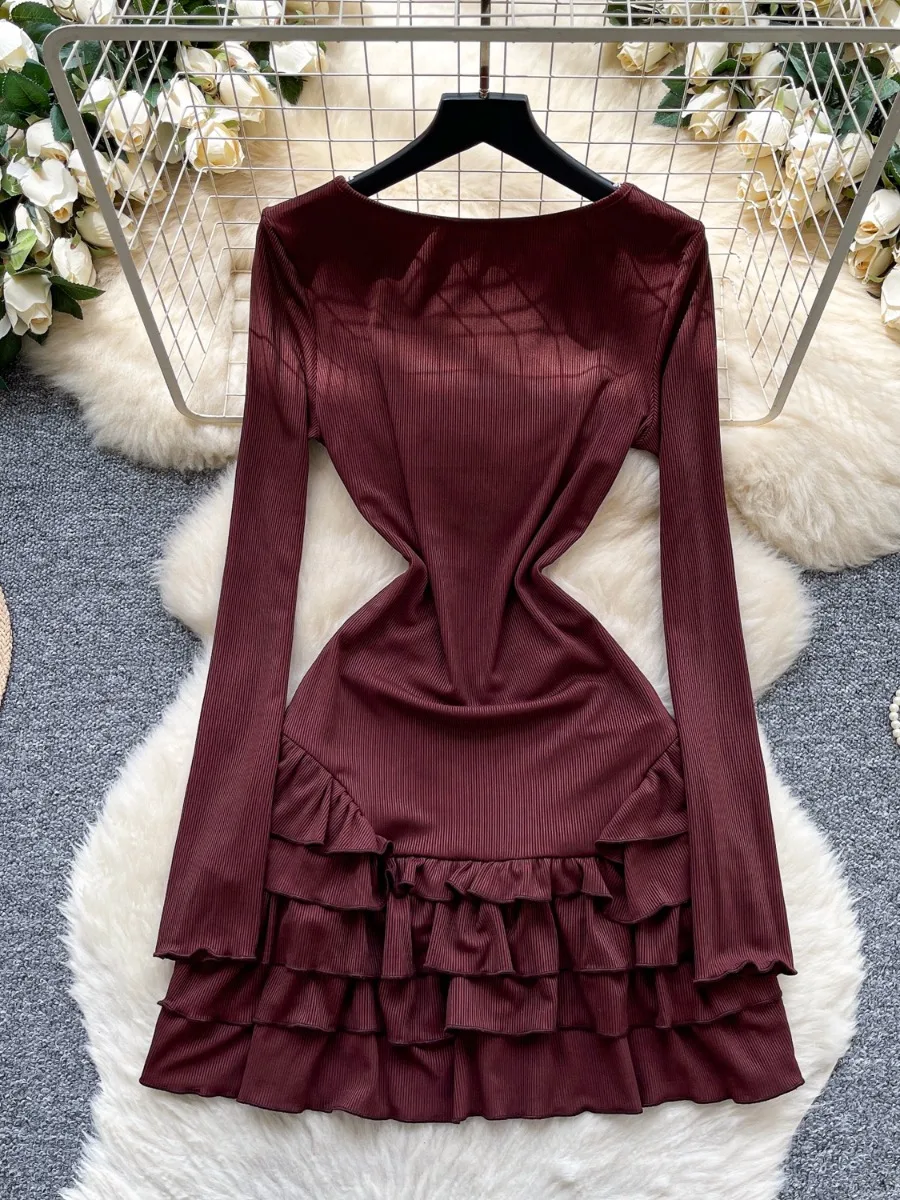 Foamlina francês vintage manga longa vestido de malha outono fino ajuste sofisticado projetado elegante em camadas mini saia vestido