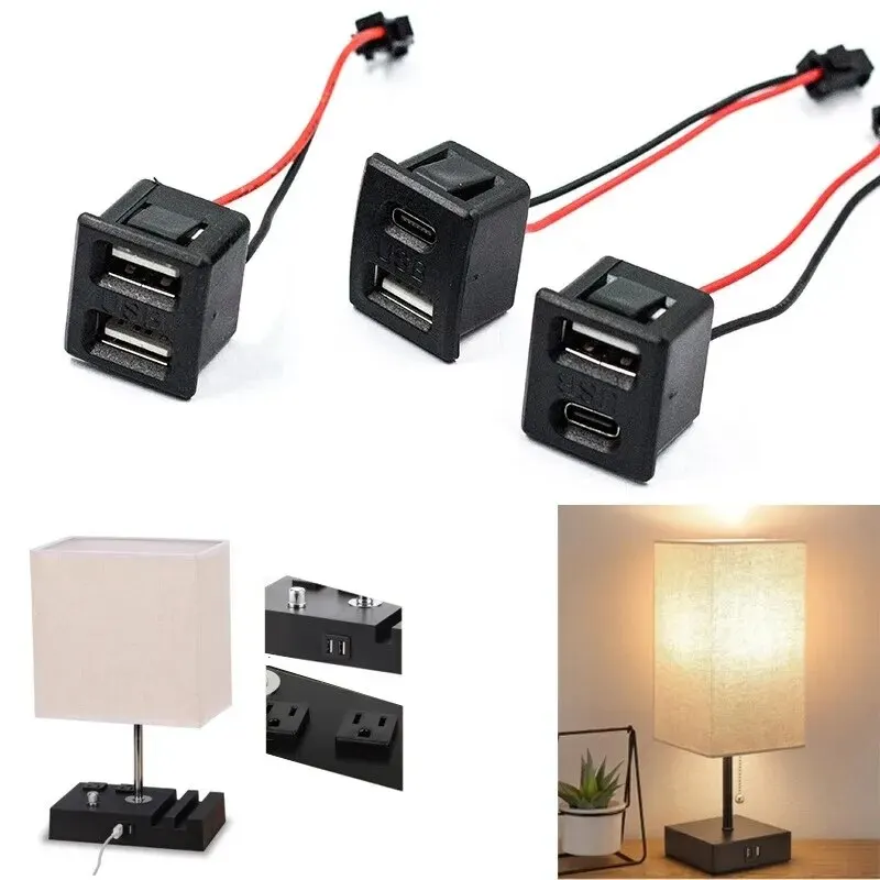 1/2szt Czarne dwuwarstwowe gniazdo USB żeńskie typu C i żeńskie gniazdo ładowania lampy USB Gniazdo zasilania ze złączem kablowym