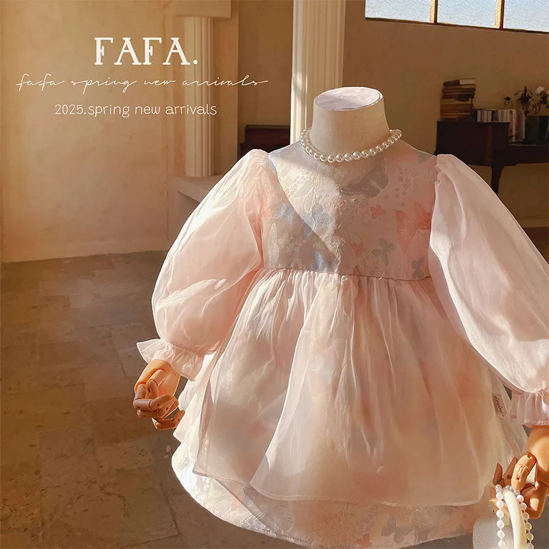 

2025Girls' Spring and Autumn New Style First Birthday Party Dress Sweet Mesh Princess Dress
