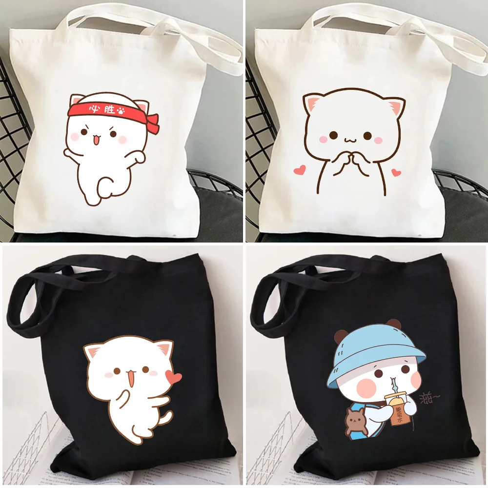 Bonito dos desenhos animados coelho urso bonito animal coração mulher lona sacos de ombro harajuku bolsas totes eco shopper algodão sacos de compras