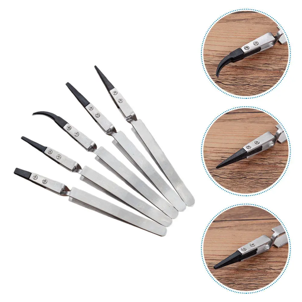 5Pcs Electronic Ceramic Insulation Tweezers Heat Resistant Anti-Static Precision Curved Straight Non-Conductive Tool for Coil