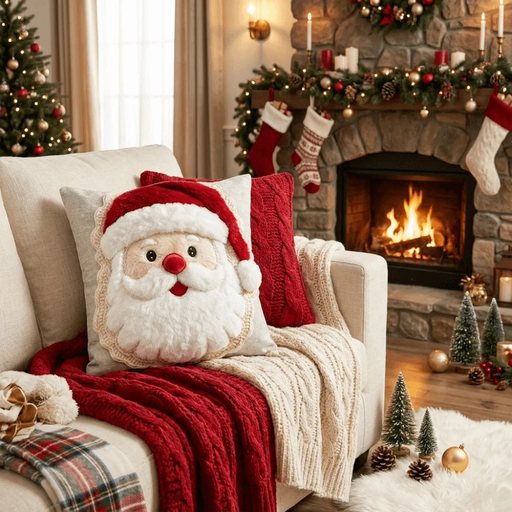 1pc Christmas Pillow Cover Zipper Closure Polyester Cushion Cover Not Real Embroidery Single-sided Printed 2D Flat Pillowcase