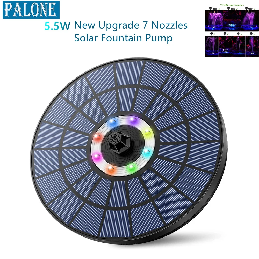 PALONE 5.5W New Upgrade 7 Nozzles Solar Fountain Pump with Color LED Light, Suitable for Garden, Pond, Fish Tank,Swimming Pool