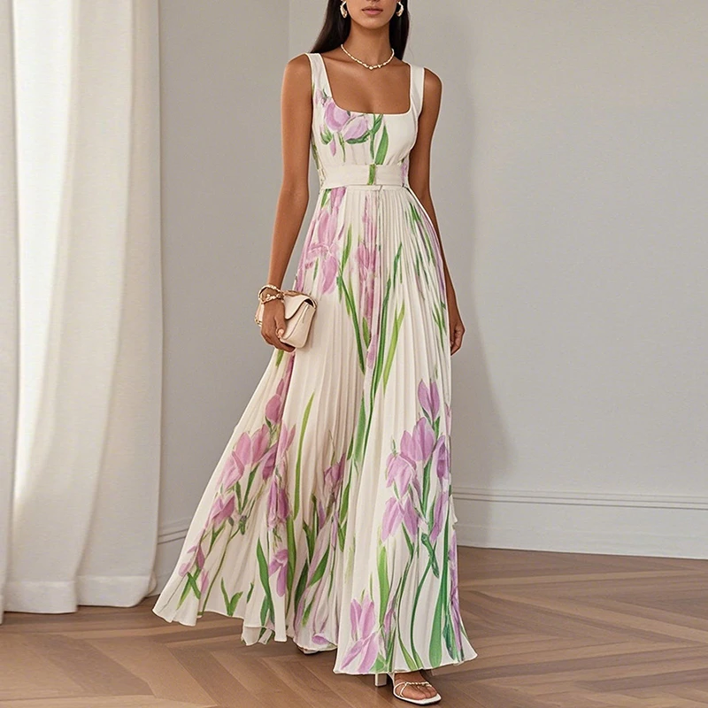 New Women's Sleeveless Straps Summer Dress Elegant Floral Print Pleated Long Dresses Spring Square Collar High Waist Party Dress - Image 4