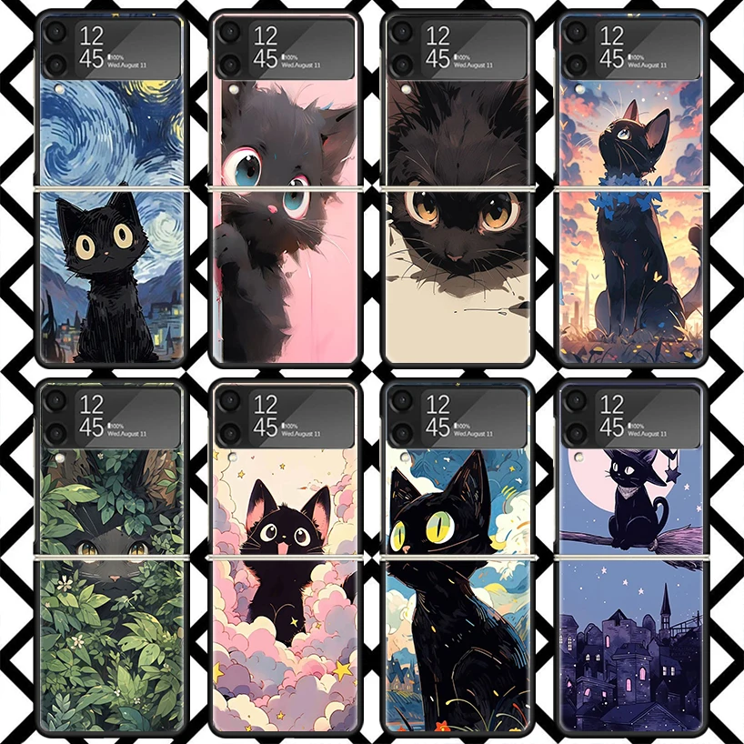 Anime Cute Black Cat Meow Phone Case For Samsung Z Flip 7 6 5 4 3 Galaxy ZFLIP7 ZFlip6 5G Flip5 Flip4 Flip3 5g Black Hard Cover