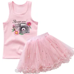 Girls Camera Flower Sleeveless T-shirt Outfits Baby Kids Cute Princess Tank Top +TUTU Skirt 2pcs kids party clothing Set