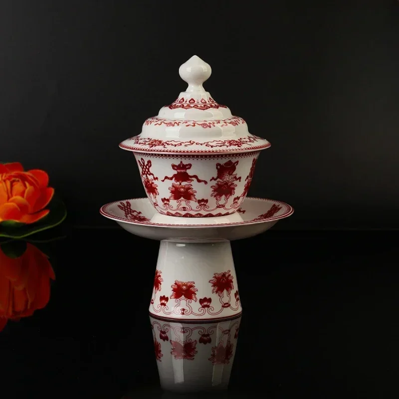 Hot selling and popular red Tibetan auspicious eight treasure pattern ceramic tea cup ethnic characteristics tableware goblet