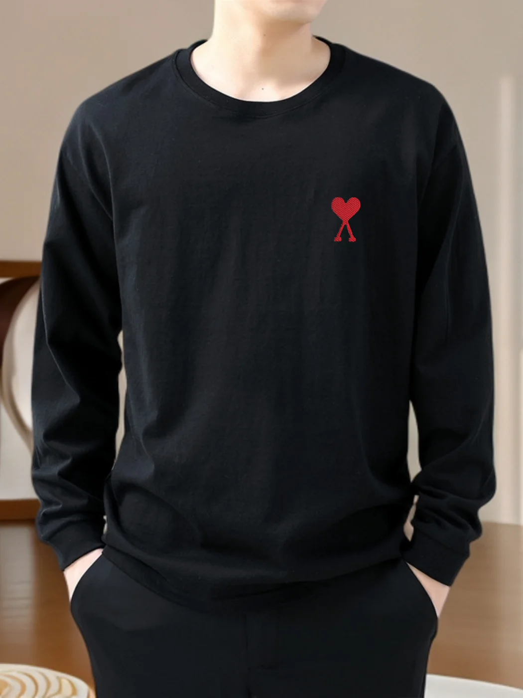 قميص رجالي أنيق مطرز بأكمام طويلة وياقة مستديرة، فضفاض وعصري للخريف والشتاء، قميص أساسي من القطن للشباب