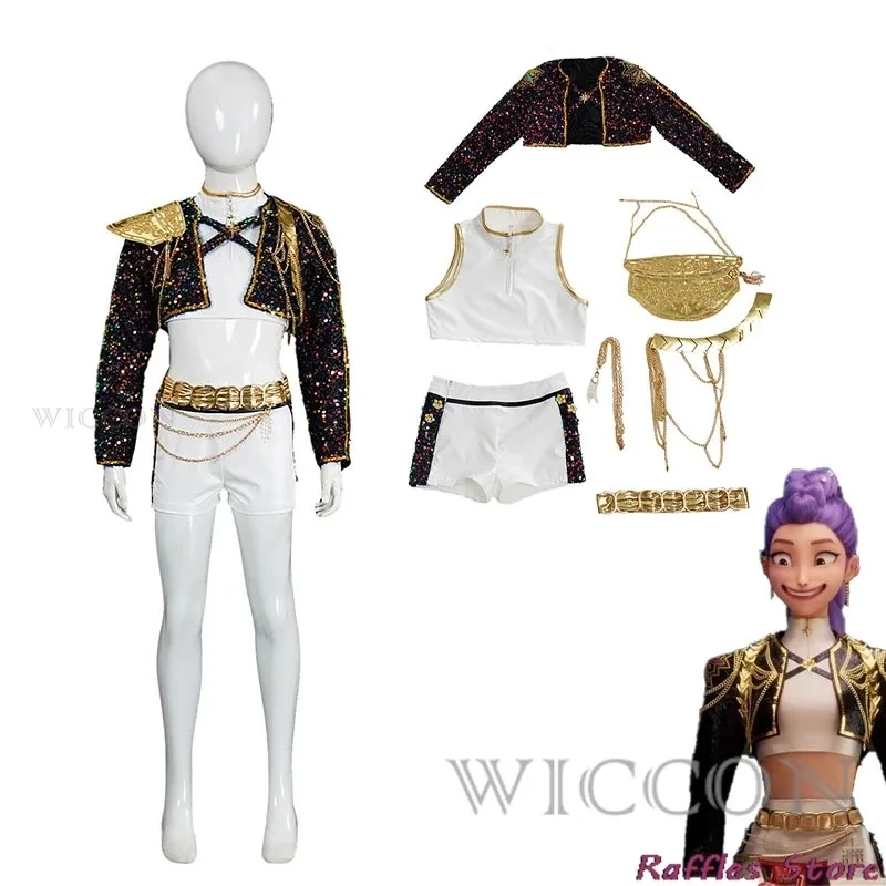 CyKang Ru-mi Adultos Niños Huntrix K-Pop Rumi Kang Cosplay Demon Hunters, Conjunto de falda y chaleco líder para cosplay de Halloween, Golden Out