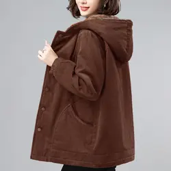 Corduroy Thickened Velvet Jacket for Women, Loose Cotton Top, Casual Clothes, Middle-aged, New, Autumn and Winter