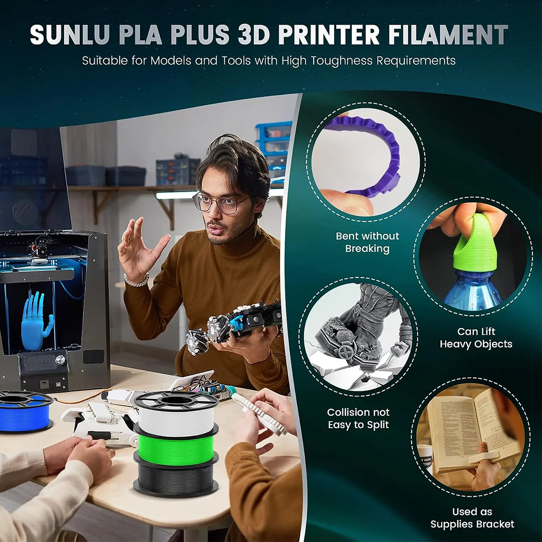 SUNLU PLA Plus Filaments 5 Rolls 1.75MM 3D Printer Tolerance -/+ 0.02MM 100% No Bubble 1KG Spool for DIY FDM 3D Materials